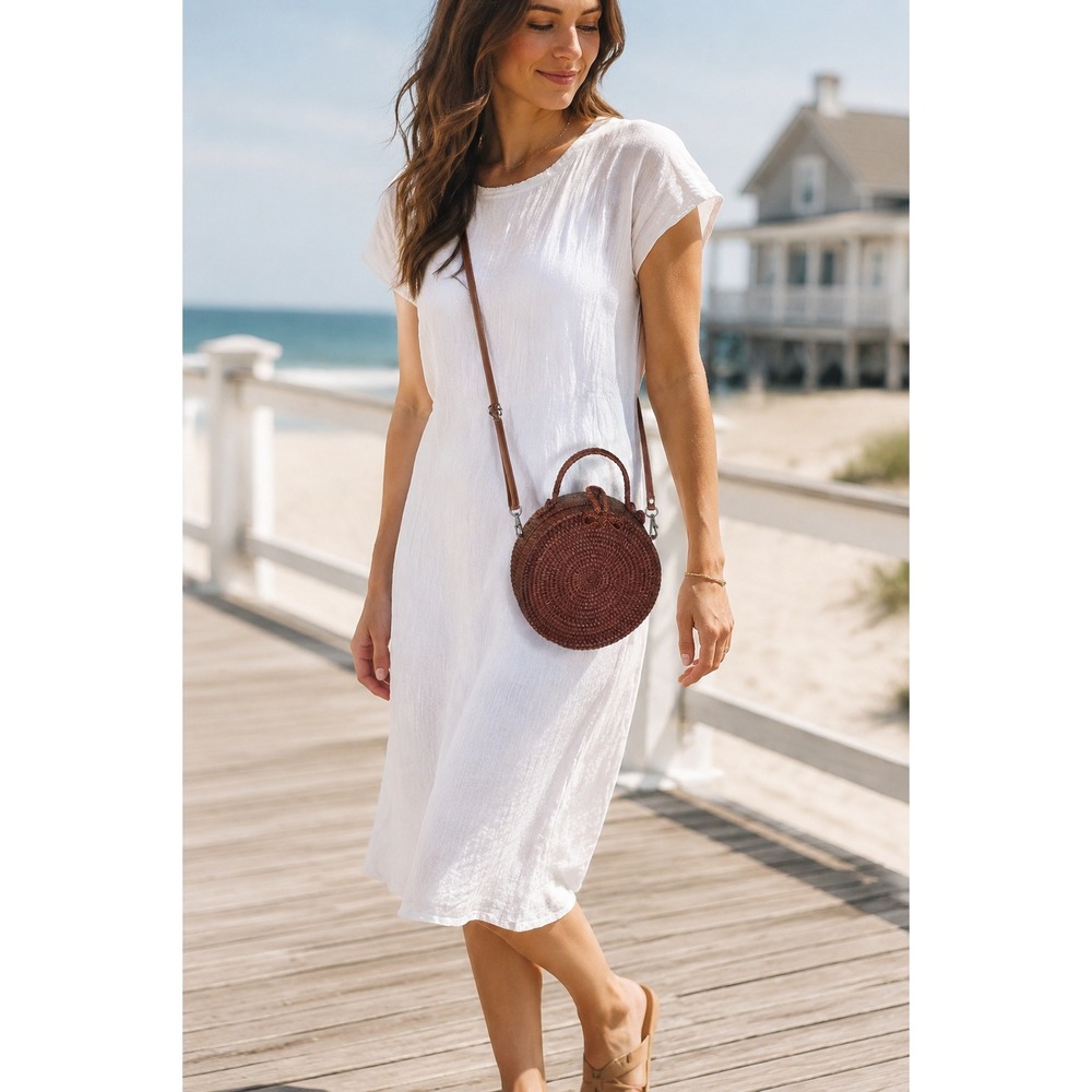 Round Woven Rattan Crossbody Bag Dark Brown Circle Canteen Purse Boho Summer